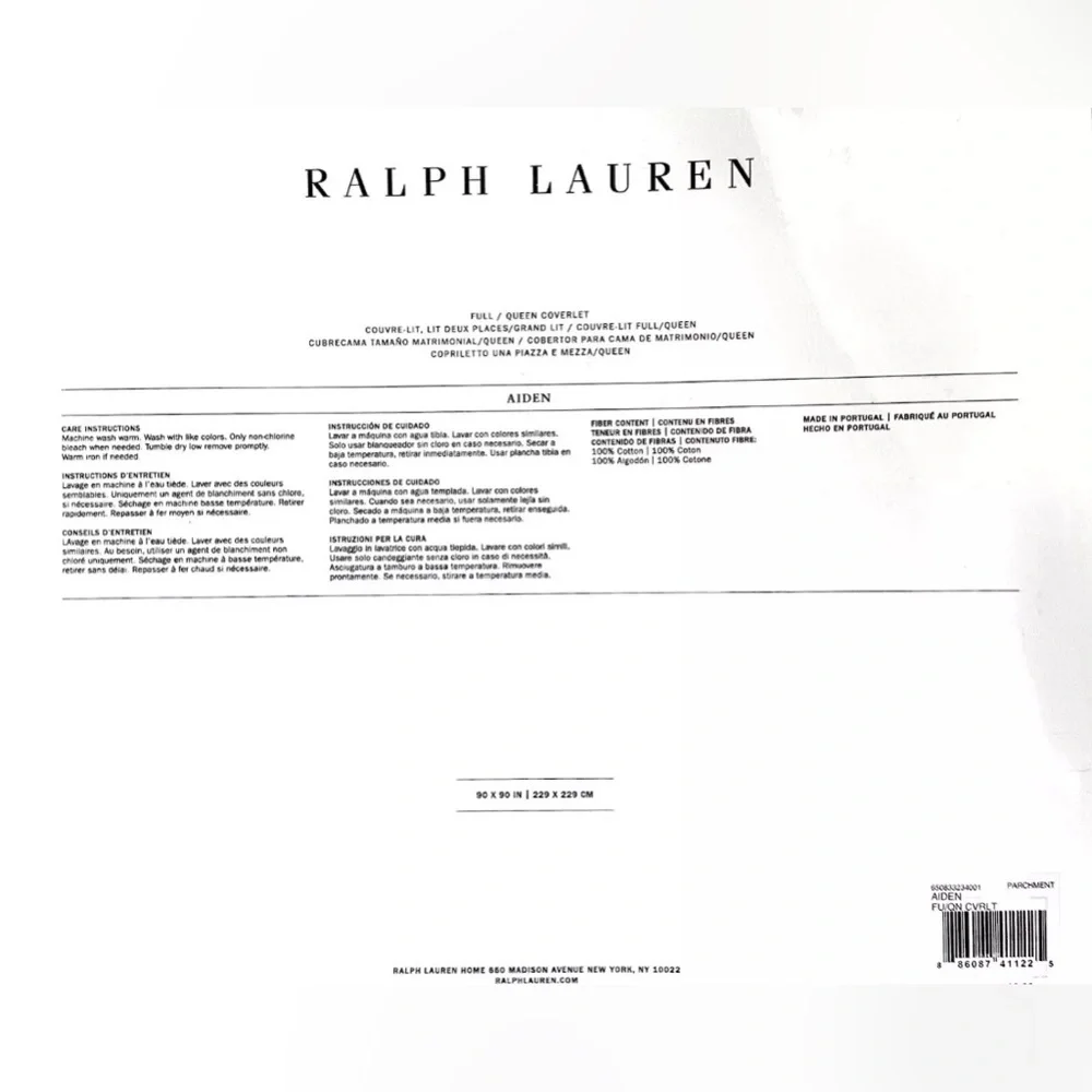 $400 NEW RALPH LAUREN HOME COVERLET FULL / QUEEN LIGHTWEIGHT PARCHMENT WHITE
